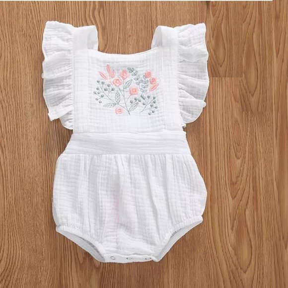 Floral Romper Spring Easter Dress Girl Outfit Clothes Peach Birthday Embroidery - Picture 1 of 9